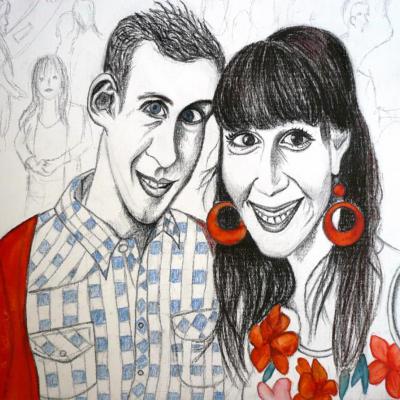 Kathleen & Dieter (2015), 50 x 40 cm, grafisch tekenpotlood en aquarel op canvasboard 