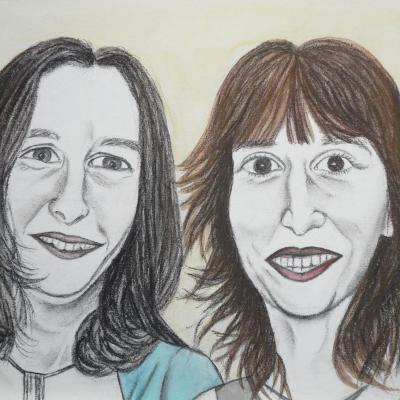Dania & Miranda (2019), 40 x 30 cm, grafisch tekenpotlood en aquarel op canvasboard
